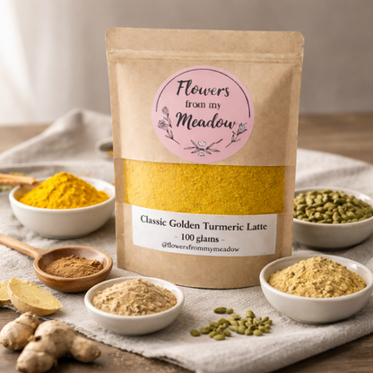 Package of 'Flowers from my Meadow' Classic Golden Turmeric Latte with turmeric and other ingredients on a wooden surface.