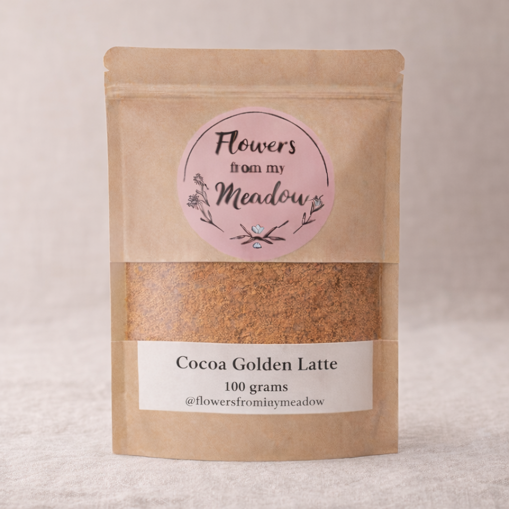Kraft paper packaging of Cocoa Golden Latte with a pink label on a light background