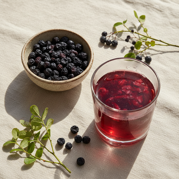 A glass of bilberry juice beside a small bowl of fresh blueberries on a light fabric surface, with green berry branches scattered around.