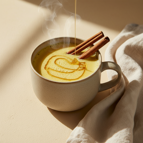 A warm ceramic mug filled with a golden yellow drink, topped with a cinnamon swirl and drizzled with honey, with two cinnamon sticks resting on top. Steam rises from the mug, and a cream-colored textured cloth is draped to the right on a warm beige surface.