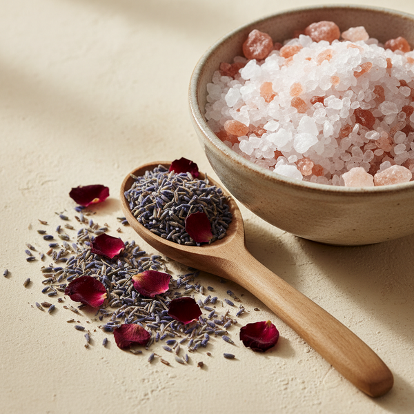 A ceramic bowl of Epsom salt and Himalayan pink salt beside dried lavender, rose petals and a wooden spoon.