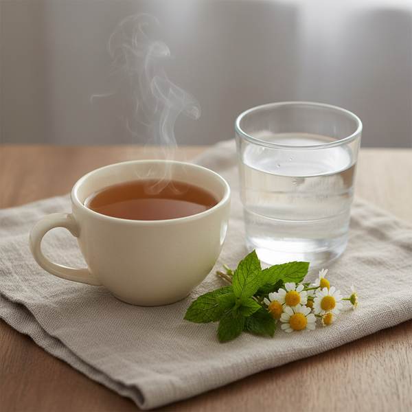 A white ceramic mug filled with a warm brown tea, with steam rising, placed on a beige linen cloth next to a clear glass of water, mint leaves, and small white chamomile flowers on a wooden table.