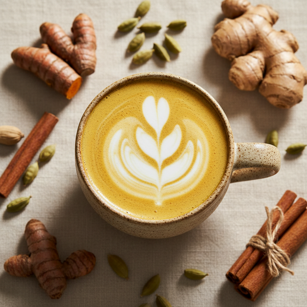 A ceramic mug of golden botanical latte surrounded by turmeric, ginger, cinnamon and cardamom.