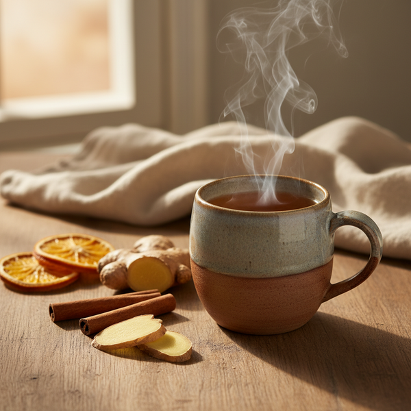 A ceramic mug filled with a steaming hot drink sits on a wooden table, surrounded by ginger root, cinnamon sticks, dried orange slices, and a soft beige cloth in warm natural light.