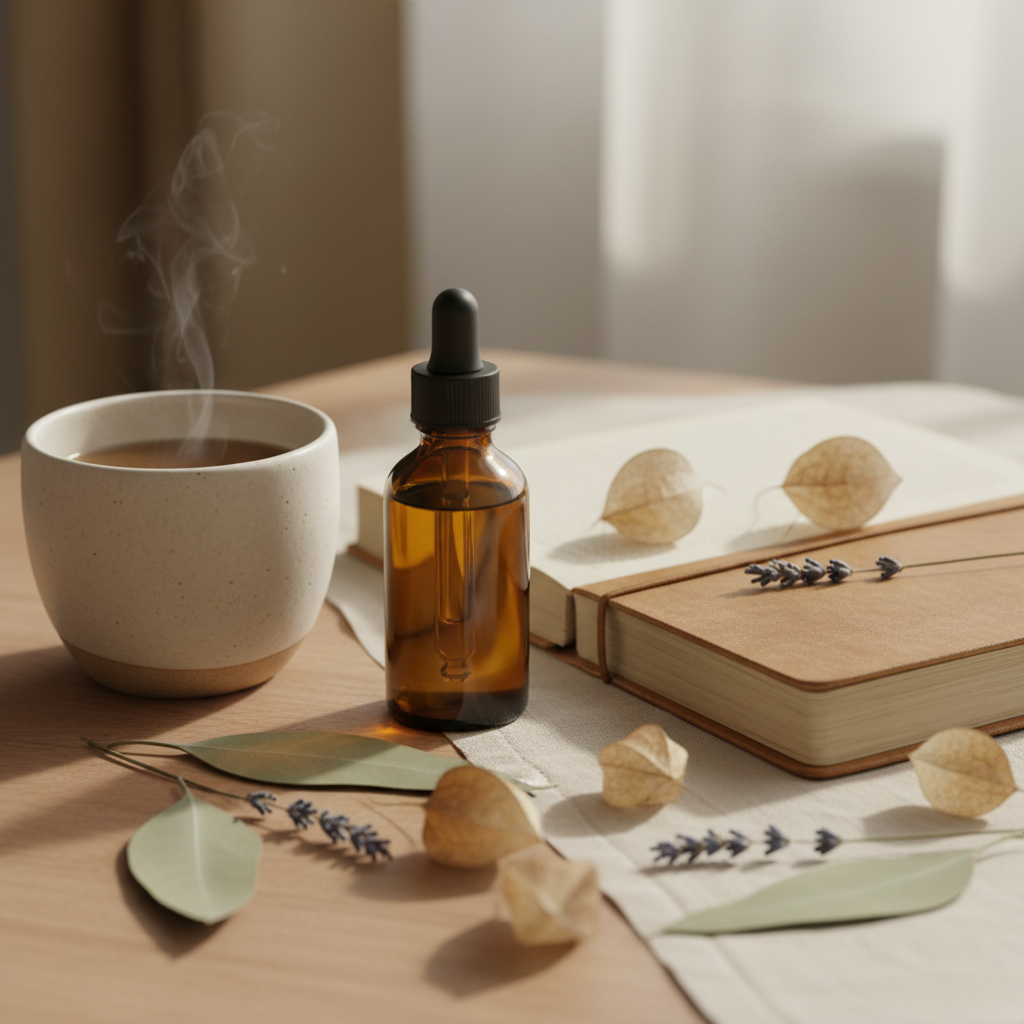 Amber dropper bottle beside a journal, ceramic cup and delicate botanicals in calm morning light.