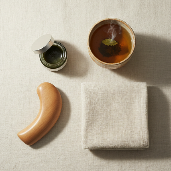 A styled flat-lay of wellness items on a textured cream linen surface: a curved light wood massage tool, a folded cream cloth, a small open jar of green tea, and a ceramic cup of amber tea with visible steam and a tea leaf.