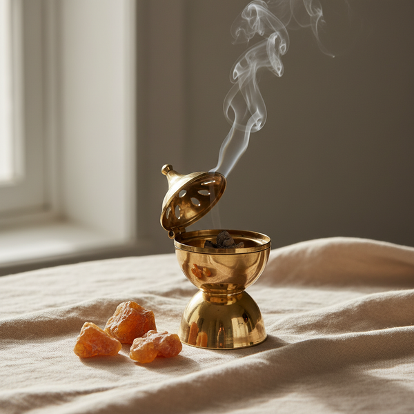 A heat-safe brass resin burner with a small wisp of aromatic smoke beside frankincense resin on a warm cream surface.