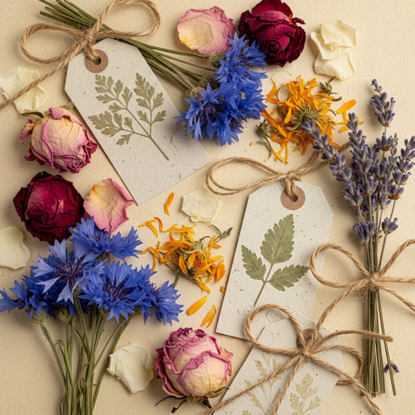 A styled flat-lay of pressed botanical elements on a warm beige background, including two hanging paper tags with leaf prints, blue cornflowers, lavender, pink roses, yellow flower petals, and twine bows.