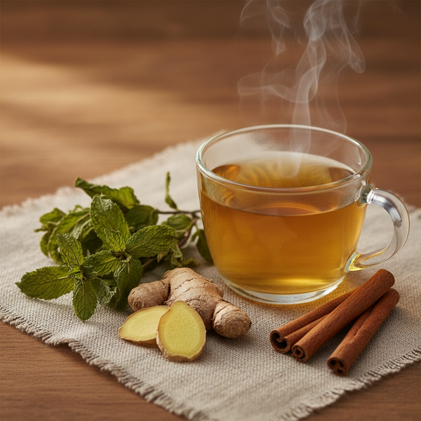 A clear glass mug filled with steaming amber tea sits on a beige cloth over a wooden surface, surrounded by fresh mint leaves, ginger roots, and cinnamon sticks.