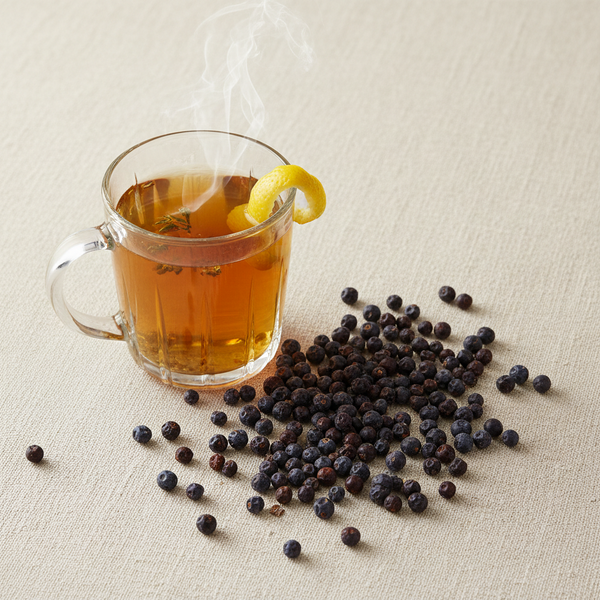 A clear glass mug filled with juniper berry tea and a curled lemon slice, set on a light beige fabric surface with scattered dark berries around it.