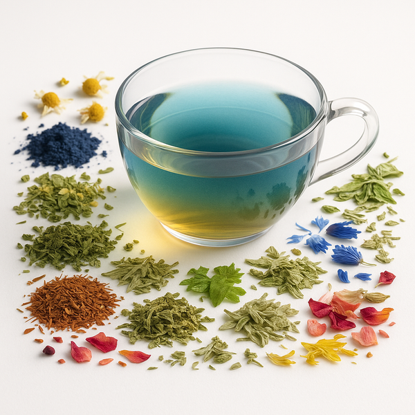 Clear glass mug filled with blue tea surrounded by various dried herbs and flowers on a white background