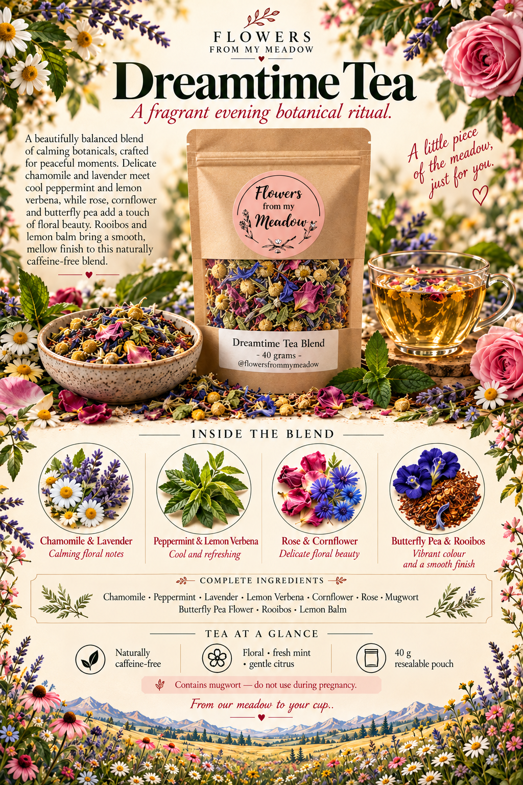 Dreamtime Tea 40g by Flowers from my Meadow, featuring a kraft pouch of colourful loose-leaf botanicals, golden herbal tea, four botanical ingredient illustrations and a complete ten-ingredient guide.