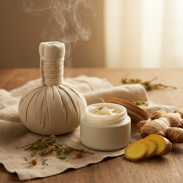 A steaming fabric hot water bottle and an open cream jar with a wooden lid, styled on a linen cloth with ginger roots, dried flowers, and steam rising in a warm indoor setting.
