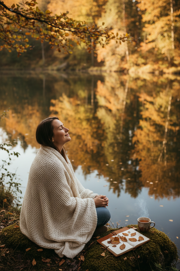 A woman enjoying a reflective self-care moment beside a peaceful autumn lake.