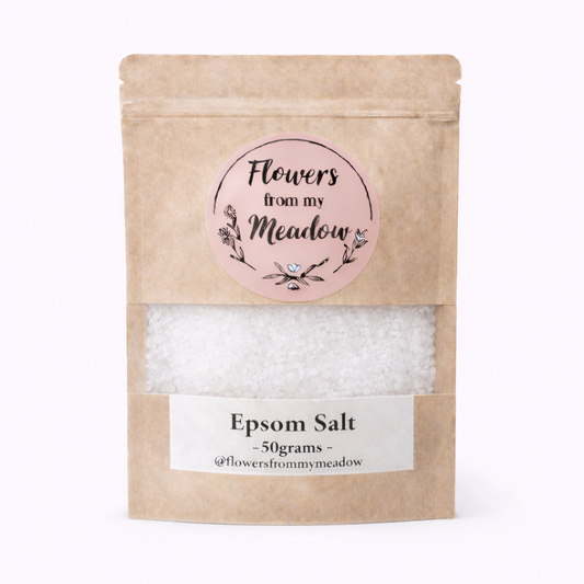 Kraft paper packaging of Epsom salt with a label on a white background