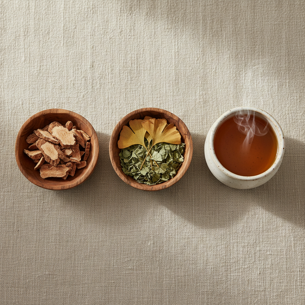 Three small wooden bowls filled with dried tea ingredients arranged on a beige linen surface, alongside a small white ceramic cup of brewed amber tea with visible steam.