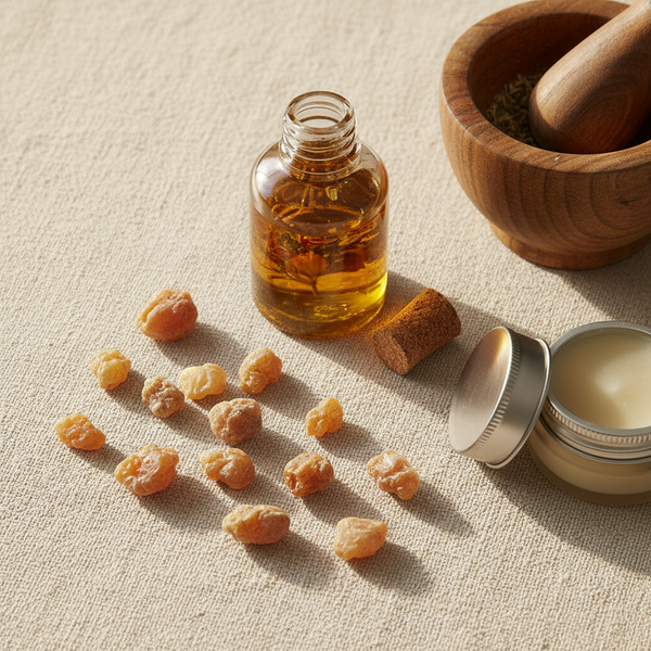Frankincense resin beside an amber bottle of infused botanical oil, a small balm jar and a wooden mortar and pestle. Warm ivory background, premium apothecary photography. No people, text, labels or logos. Square 1080 × 1080 px.