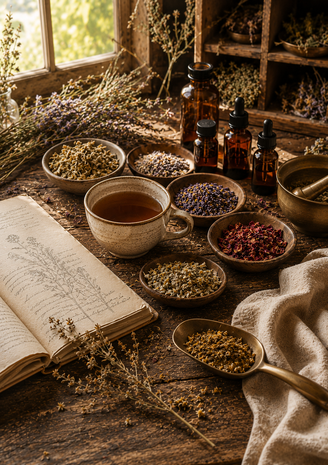 A rustic tabletop arrangement with bowls of dried herbs and flowers, amber glass dropper bottles, a cup of tea, an open book, and a cloth in a warm, sunlit room.