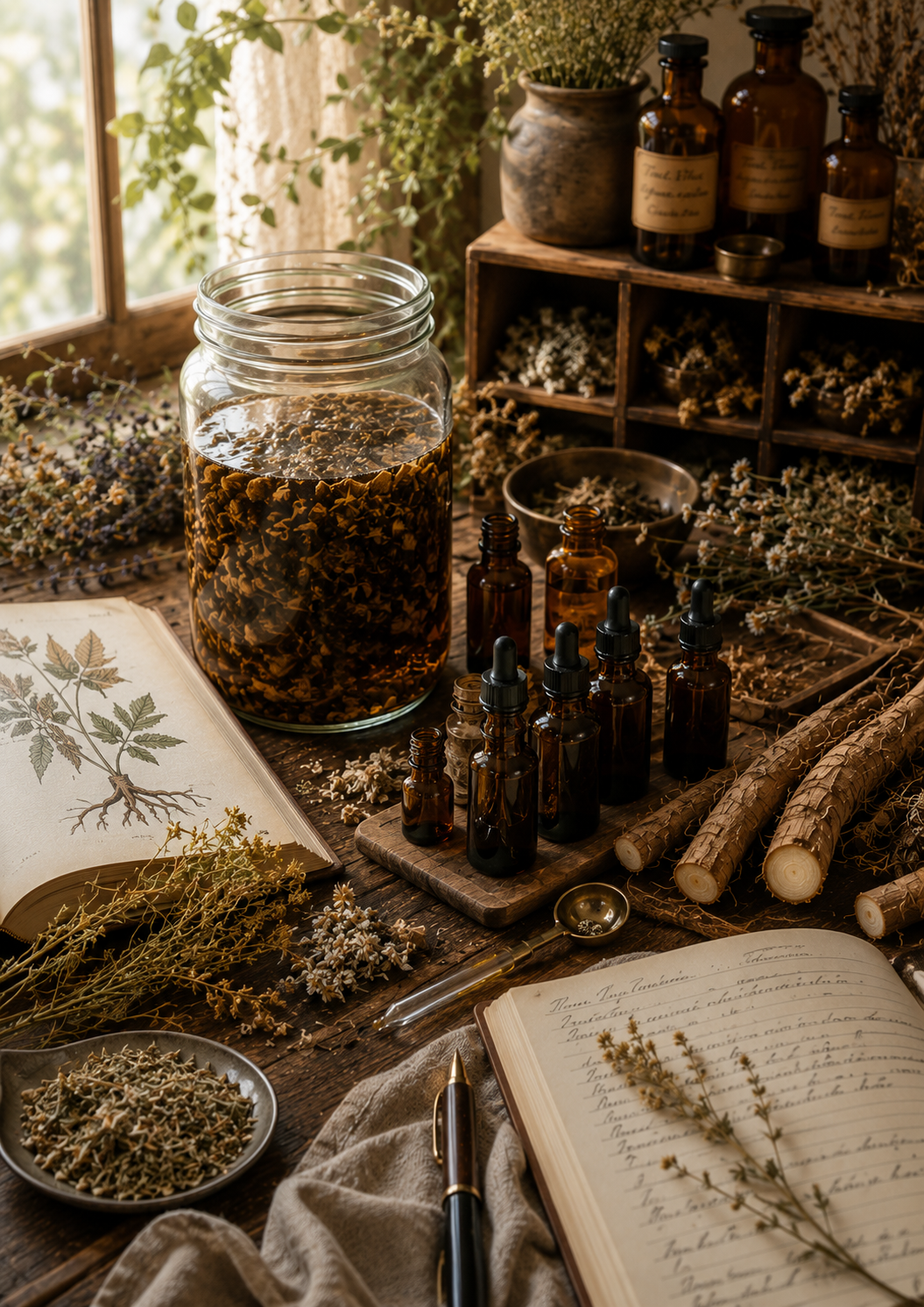 A styled tabletop arrangement of amber glass apothecary bottles, a large glass jar filled with dried botanicals, open handwritten books, dried flowers, twigs, and a small dish of herbs in a warm rustic setting.