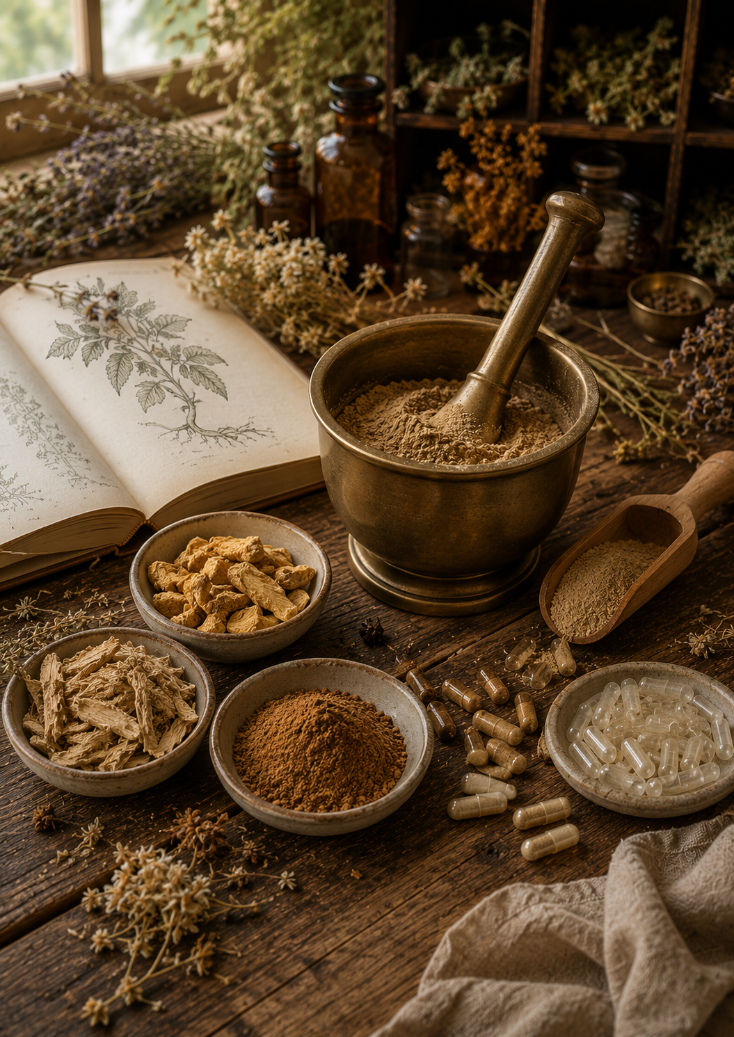 A rustic tabletop arrangement featuring a brass mortar and pestle filled with powder, several small bowls containing dried herbs and capsules, an open illustrated book, a wooden scoop, and amber glass bottles in the background.