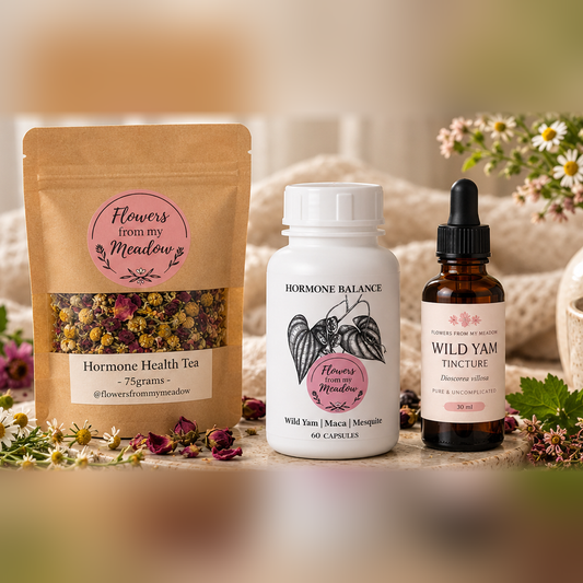 Flowers from my Meadow Hormone Harmony Pack in a clean studio arrangement featuring Hormone Health Tea 75g, Hormone Balance Capsules 60 capsules, and Wild Yam Tincture 30ml.