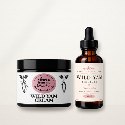 Flowers from my Meadow Wild Yam Cream and Tincture Duo: black-lidded 50ml Wild Yam Cream jar with pink circular logo beside the 30ml amber Wild Yam Tincture bottle with ivory and pink label, on a clean studio background.