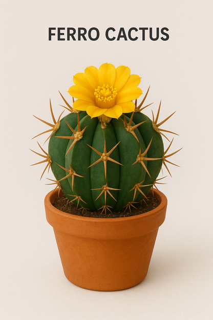 Potted cactus with a yellow flower on a beige background, branded 'Ferro Cactus'.