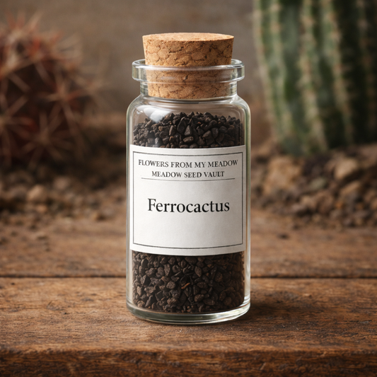 Jar of Ferro cactus seeds with a cork lid on a wooden surface, cacti in the background