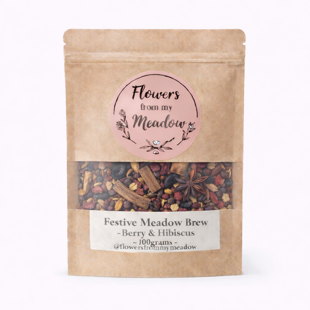 Festive Meadow Brew package with visible herbs on a white background