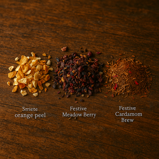 Three piles of spices labeled 'orange peel', 'Festive Meadow Berry', and 'Festive Cardamom Brew' on a wooden surface.