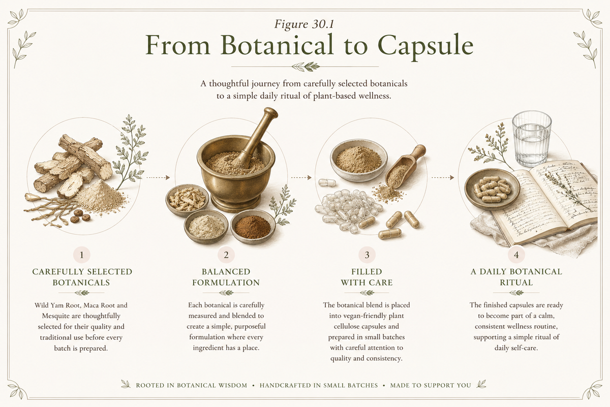 An informational infographic titled 'Figure 30.1 From Botanical to Capsule' showing four illustrated steps of a herbal preparation ritual: selecting botanicals, balanced formulation, filling with care, and a daily botanical ritual.