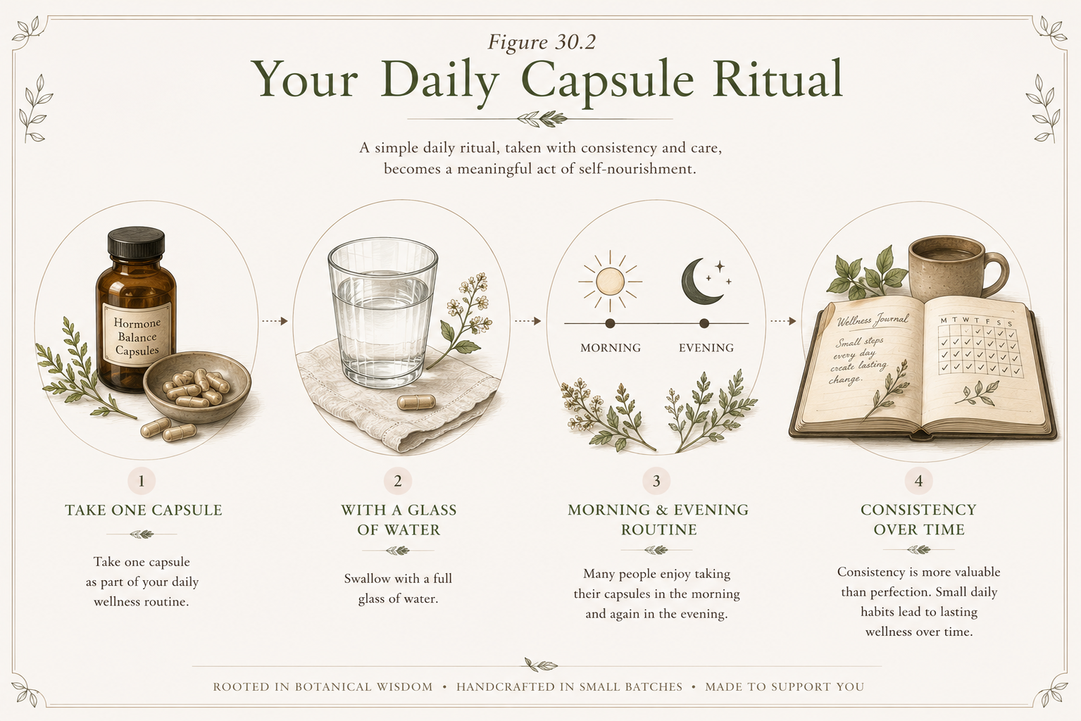 An illustrated infographic titled 'Your Daily Capsule Ritual' with four labeled steps: taking one capsule, with a glass of water, morning and evening routine, and consistency over time. The design uses soft beige, brown, green, and cream tones with botanical illustrations and a small herbal bottle, glass, moon, and open book.
