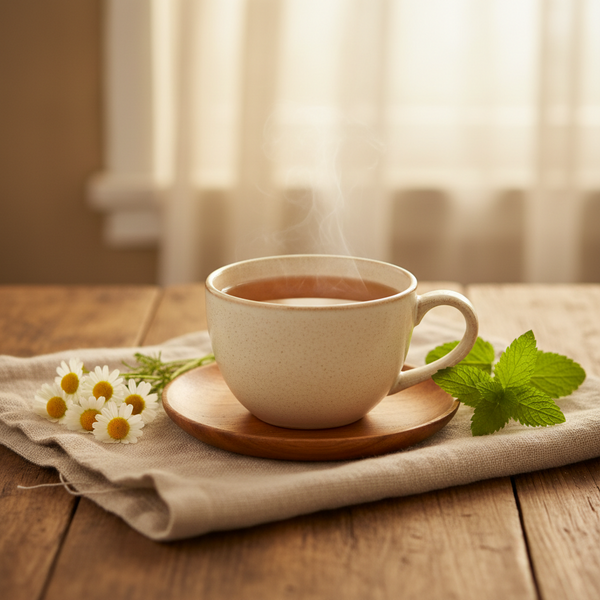 A calming daytime botanical tea ritual with herbs arranged in warm natural light.