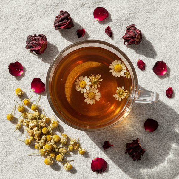 A clear glass cup filled with Floral Tea and floating chamomile flowers, arranged on a white textured surface with scattered rose petals and loose chamomile flowers around it.