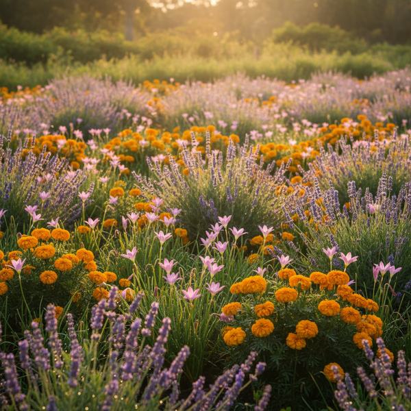 A soft garden meadow filled with French lavender, golden marigolds and pale pink rain lilies