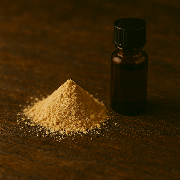 frankincense powder next to a small amber bottle on a wooden surface