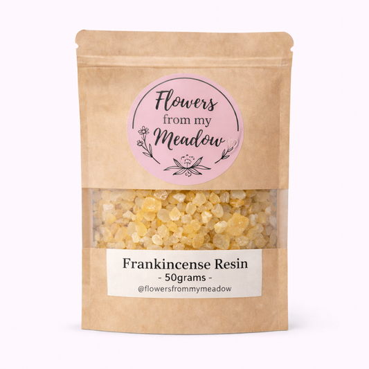 Package of Frankincense Resin with 'Flowers from my Meadow' label on a white background