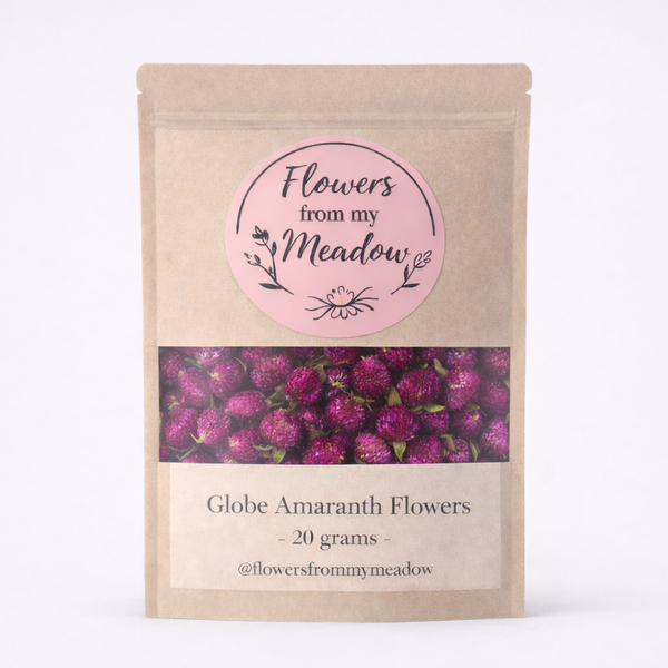 Package of 'Flowers from my Meadow' with pink label and purple flower design on a white background