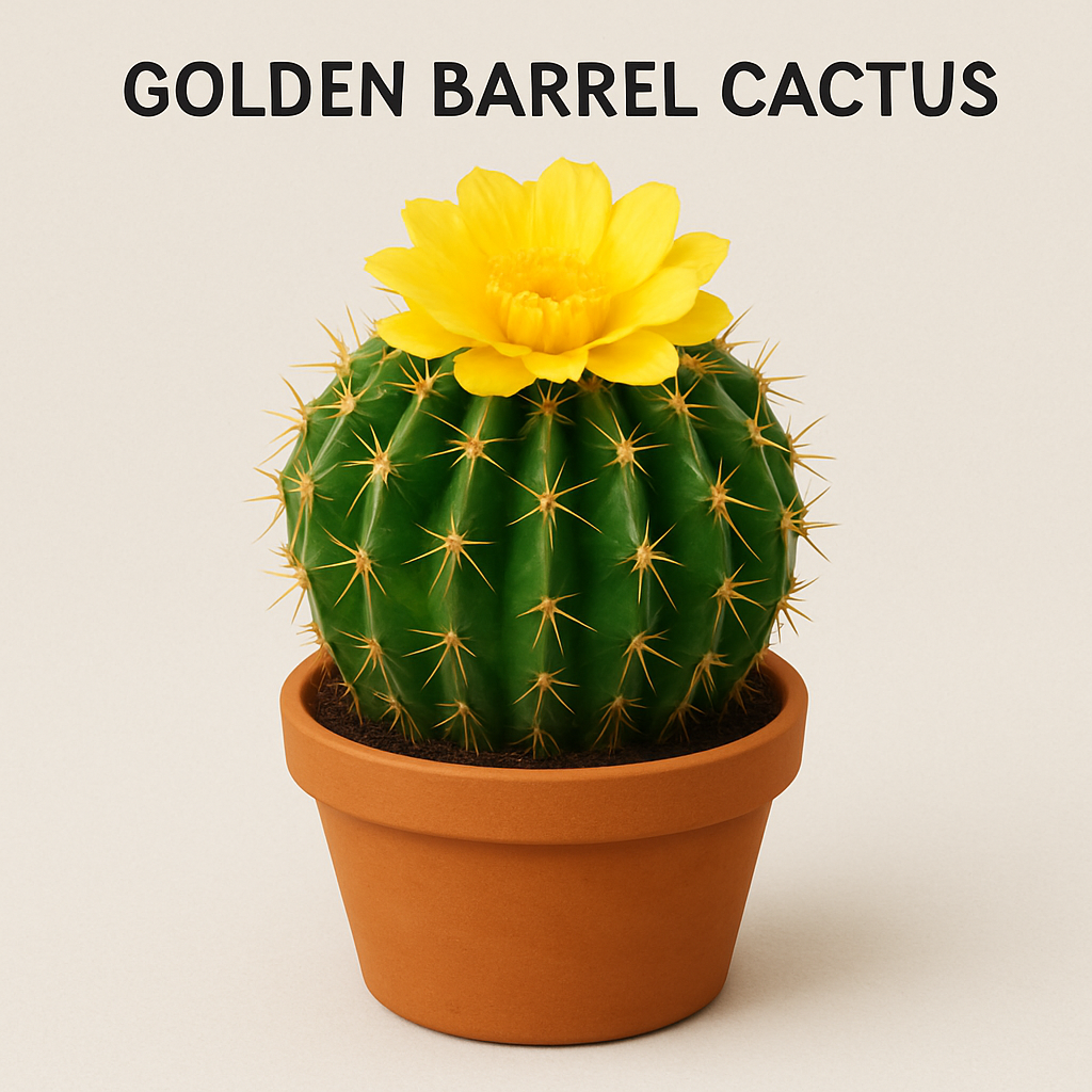 Potted Golden Barrel Cactus with a yellow flower on a light background