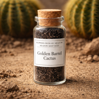 Jar of Golden Barrel Cactus seeds with a cork lid on a sandy background