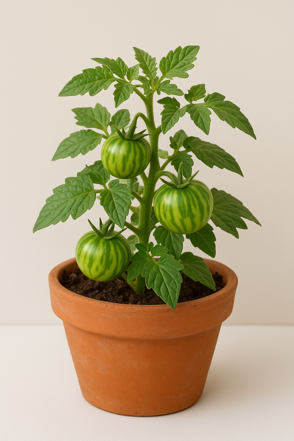 Potted tomato plant with green tomatoes on a plain background