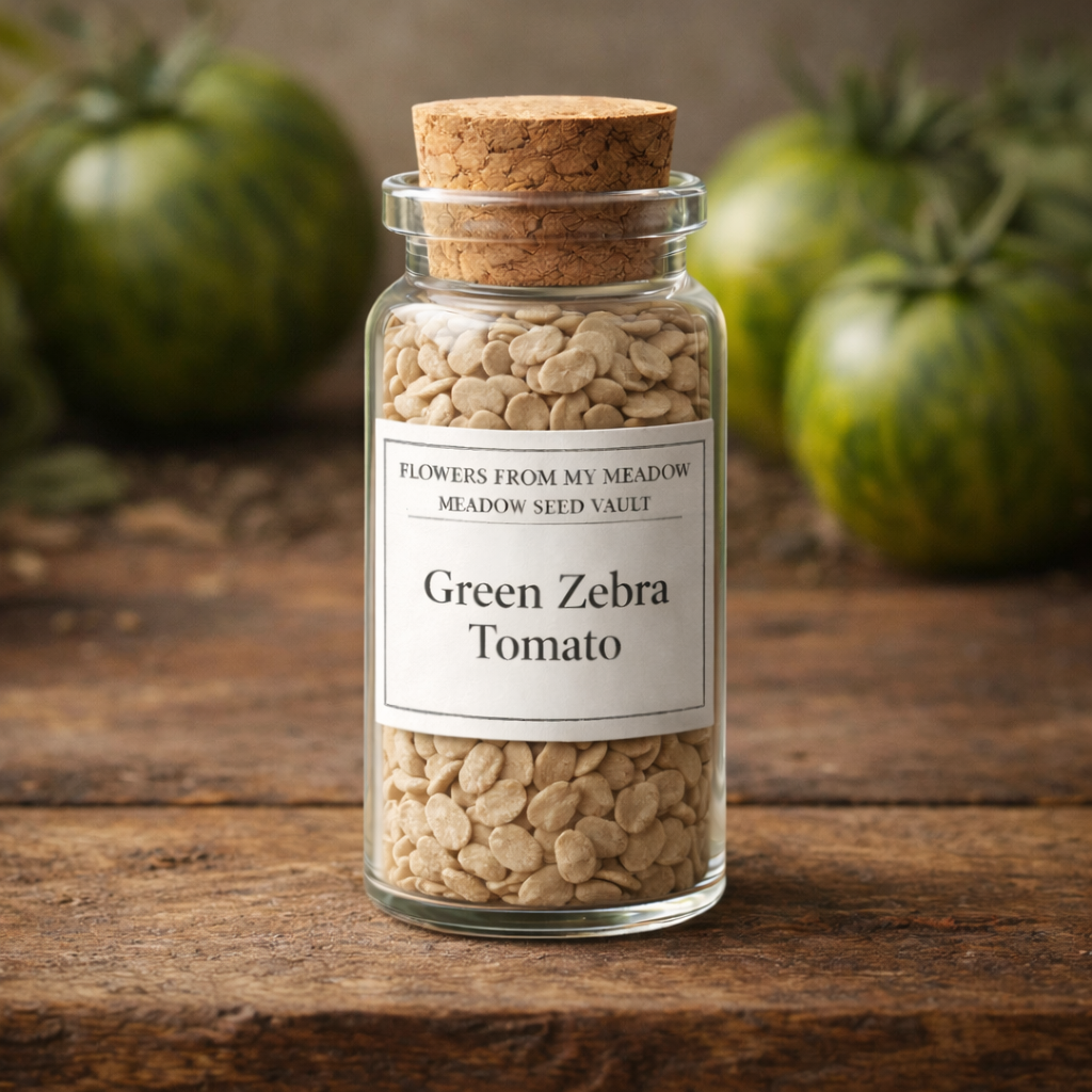 Jar of Green Zebra Tomato seeds with a cork lid on a wooden surface, surrounded by green tomatoes.