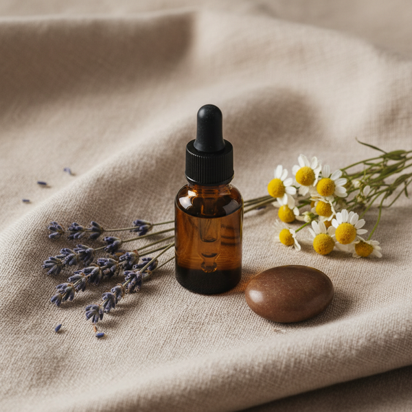 An amber glass dropper bottle with a black cap sits on a beige linen surface, styled with dried lavender sprigs, white chamomile flowers with yellow centers, and a smooth brown stone.