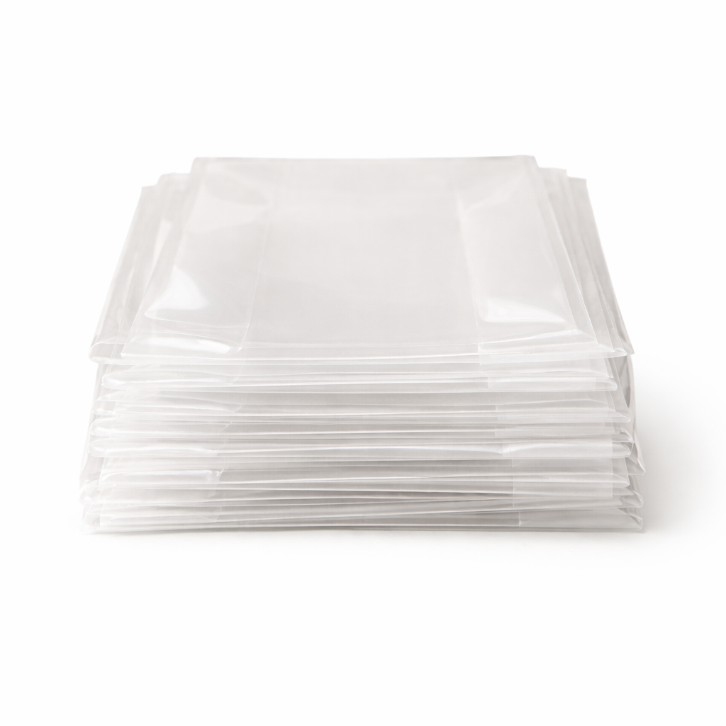 Stack of clear gusset bags on a white background