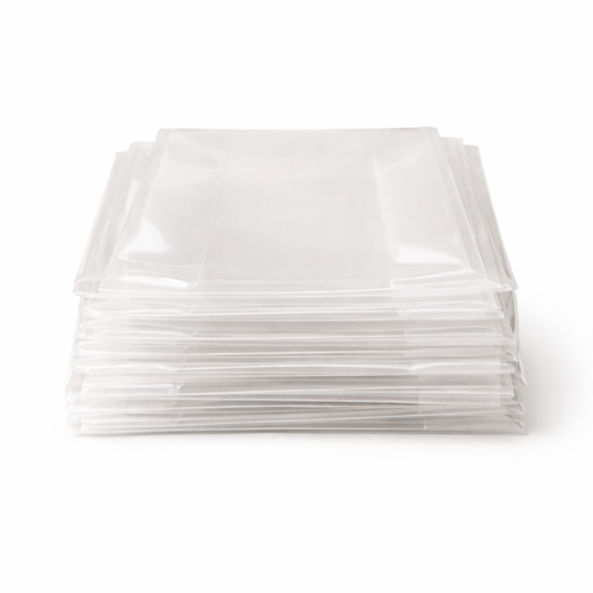 Stack of clear gusset bags on a white background