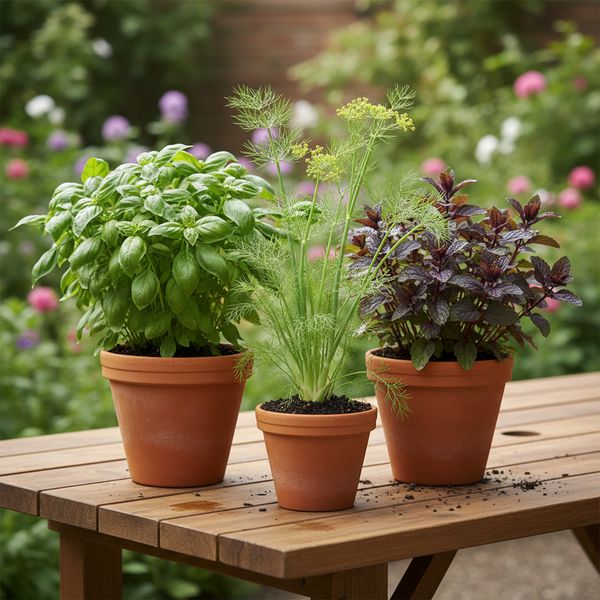 Healthy basil, fennel and Korean mint growing together in terracotta pots on a warm garden table. Gentle natural light, refined botanical styling.