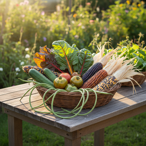 A garden harvest of Green Zebra tomatoes, Ashley cucumbers, Swiss chard, yard-long beans and colourful heirloom maize in a natural basket.