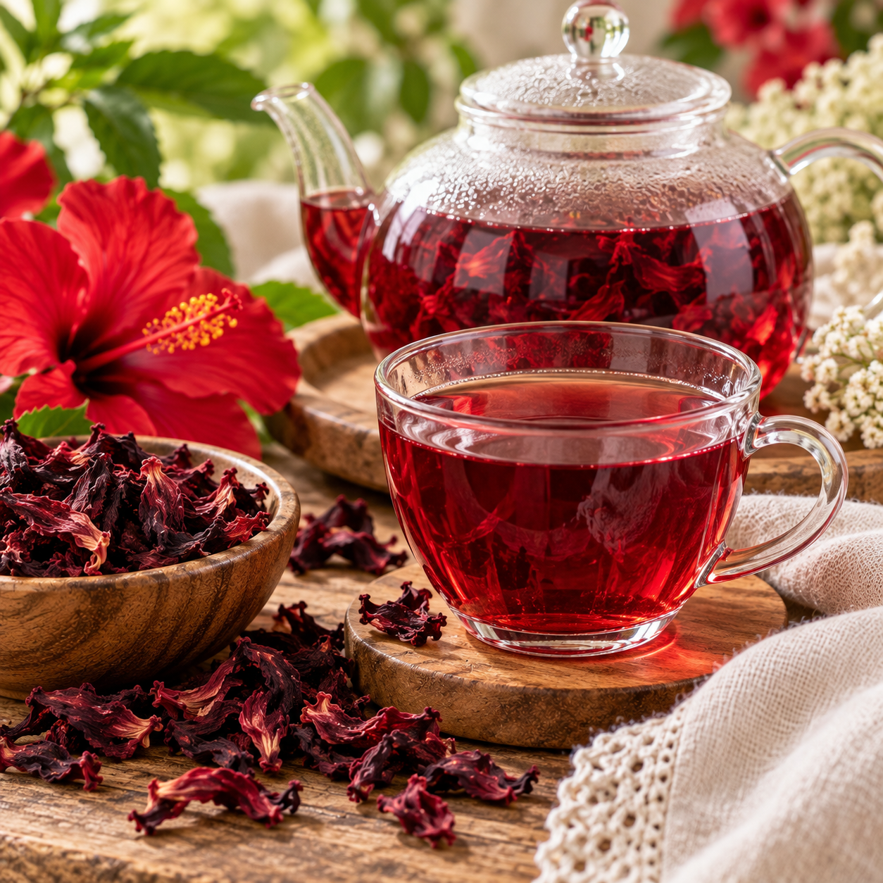Hibiscus flower tea with dried hibiscus petals and a naturally vibrant ruby-red botanical infusion