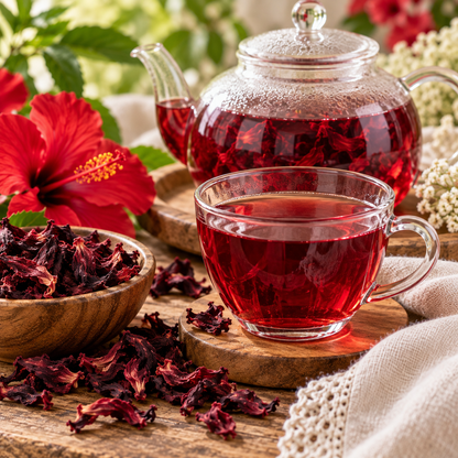 Hibiscus flower tea with dried hibiscus petals and a naturally vibrant ruby-red botanical infusion