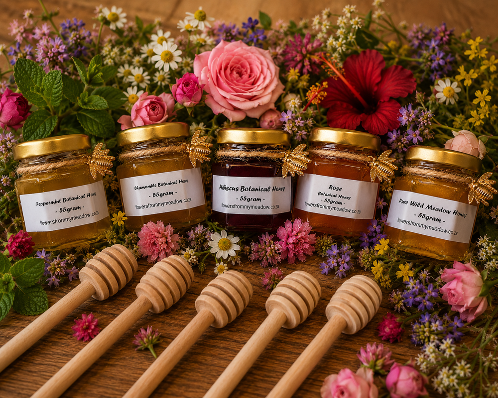 Five glass jars of assorted botanical honey with gold lids and white labels are arranged on a wooden surface surrounded by colorful flowers, with five wooden honey spoons in the foreground.